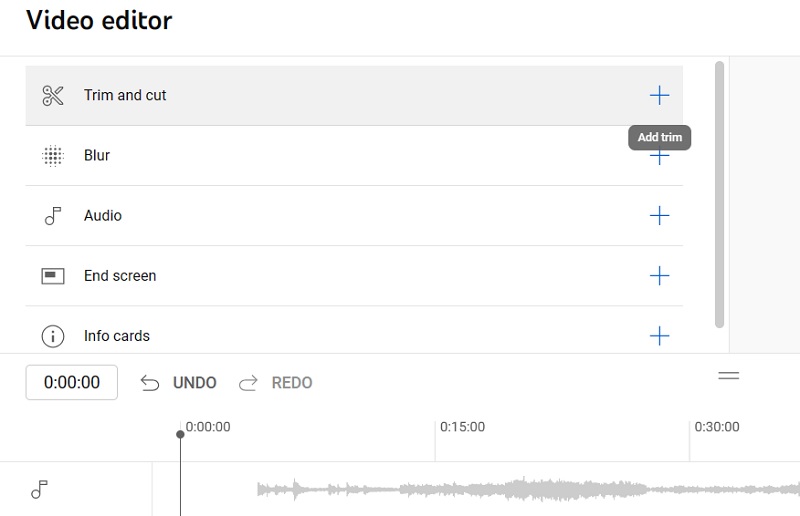 Click "Add trim" under "Trim and cut" in YouTube Studio Video Editor.