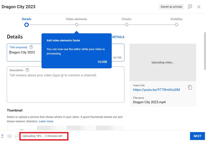Video uploading live status on YouTube Studio Desktip screen. 