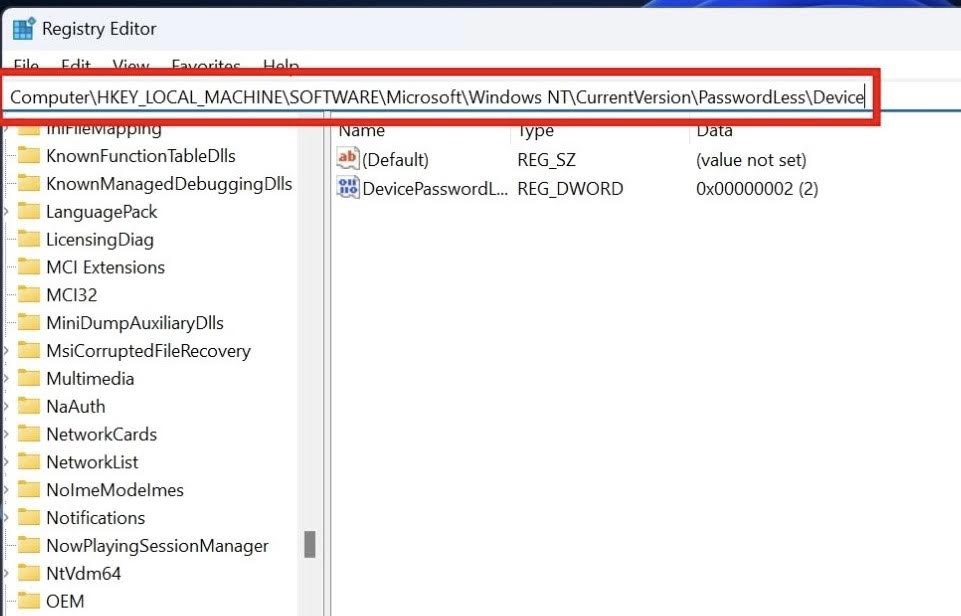 Navigating to a desired path in Registry Editor.