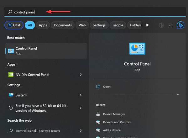 Typing "control panel" in Windows Search.