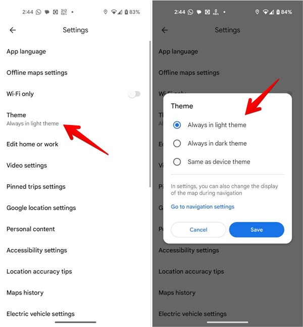 Accessing "Theme" menu in Google Maps app for Android.