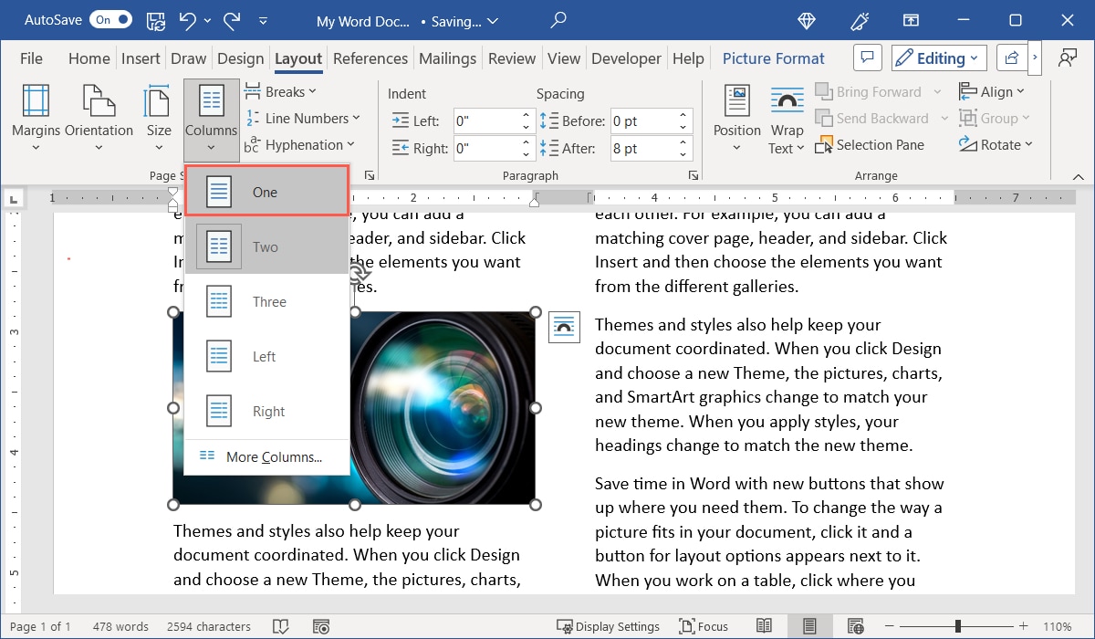 Image selected and One in the Columns menu