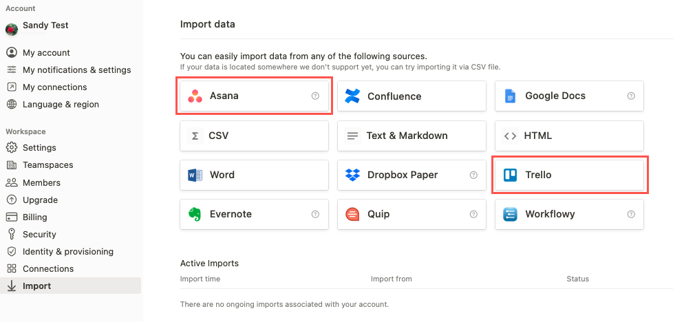 Notion Import options