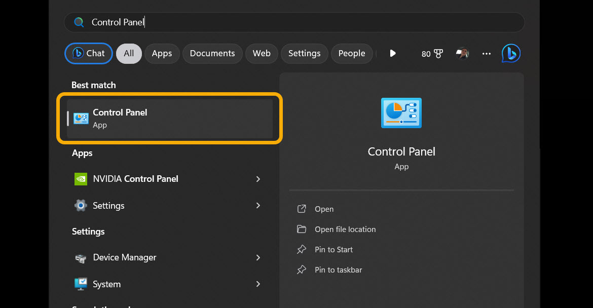 Opening Control Panel via Windows Search.