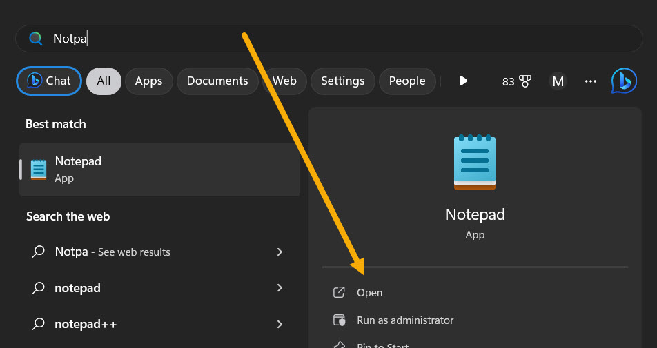 Typing Notepad in Windows Search.