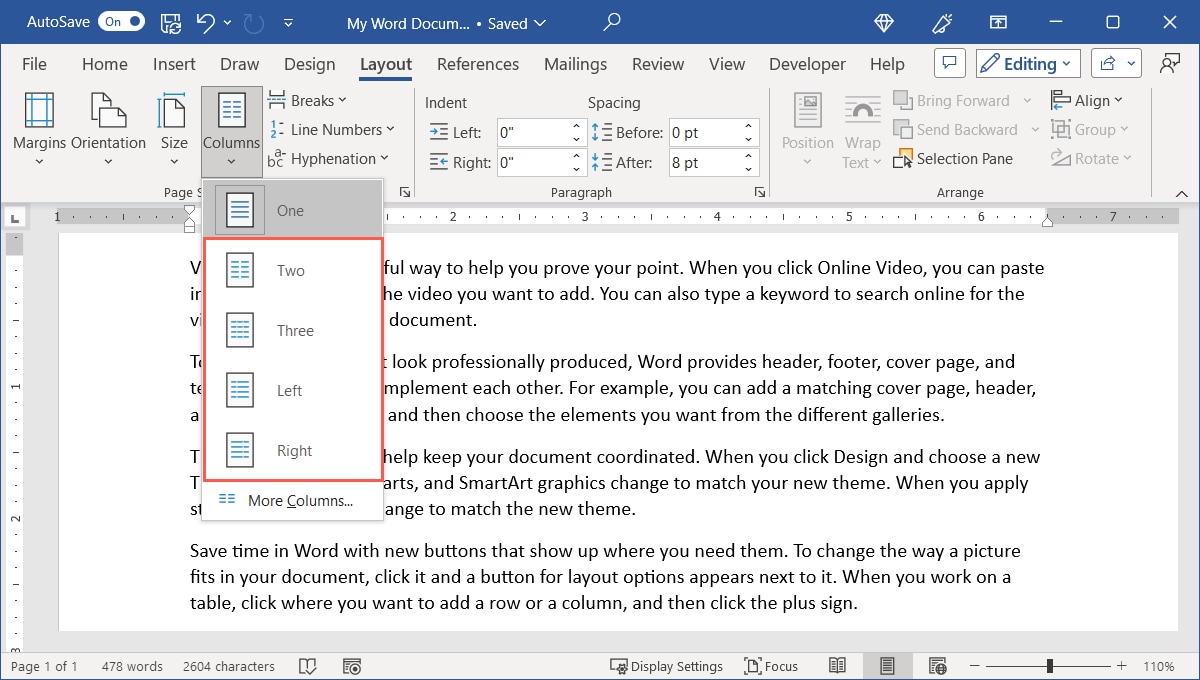 Column options in Word