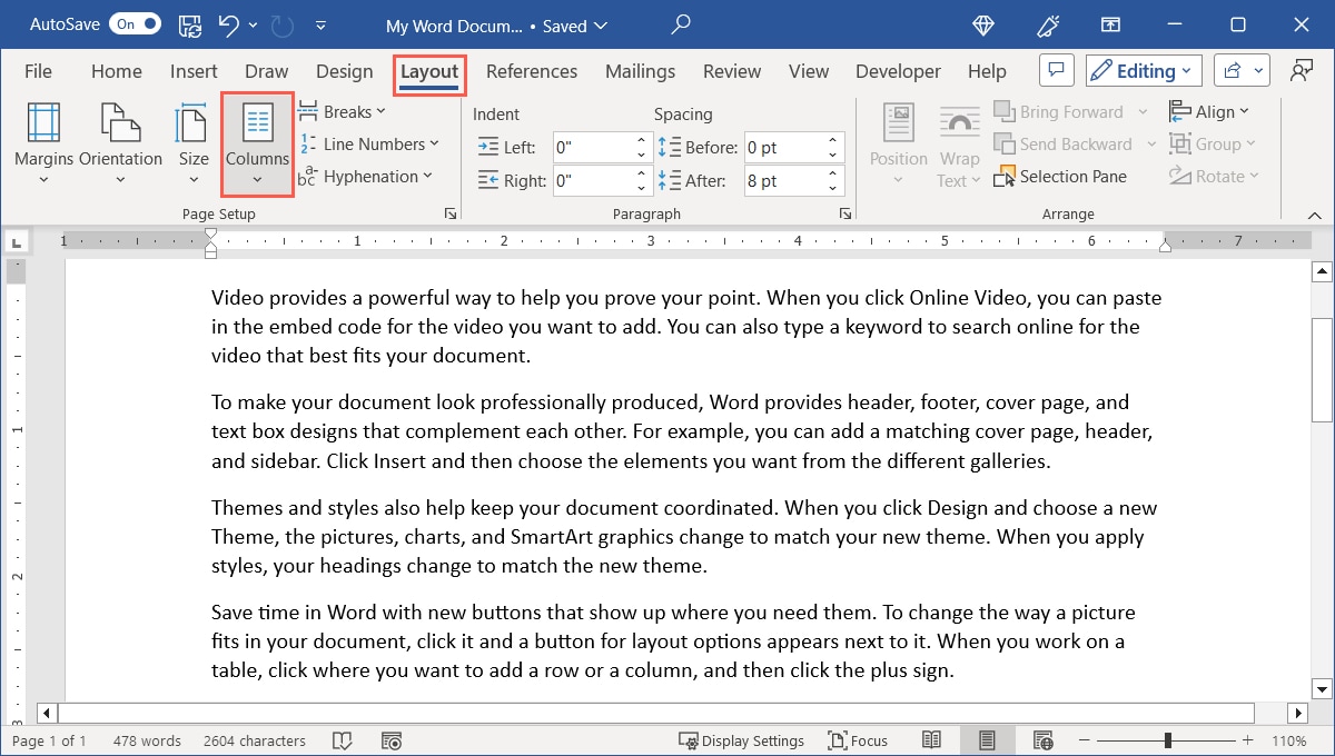 Layout tab Columns button in Word