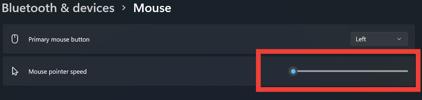 Setting the lowest mouse pointer speed in Settings.
