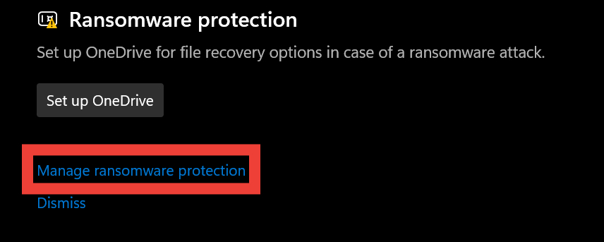 Selecting "Manage ransomware protection" from Windows Security app. 