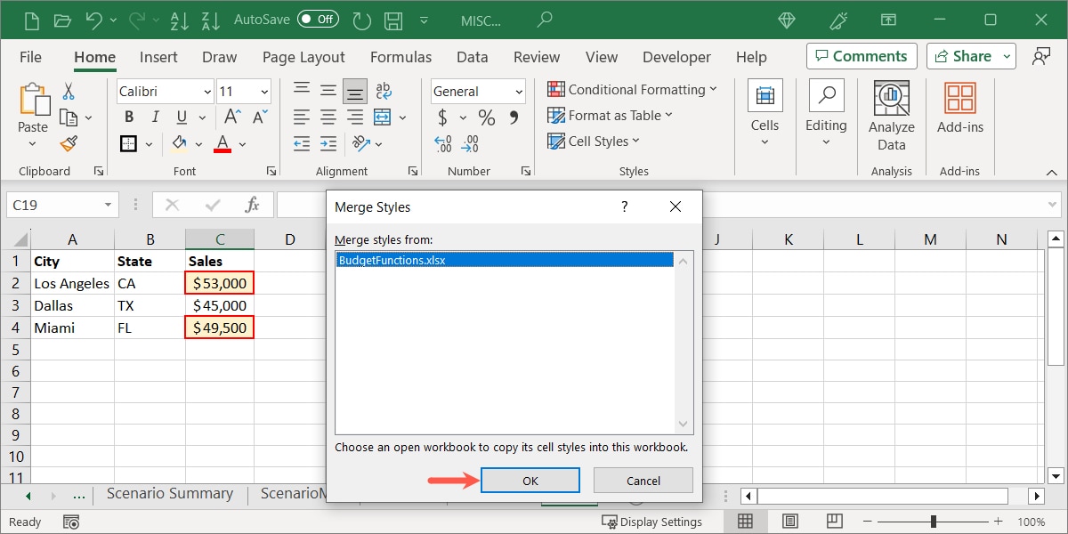 Merge Styles workbook selection