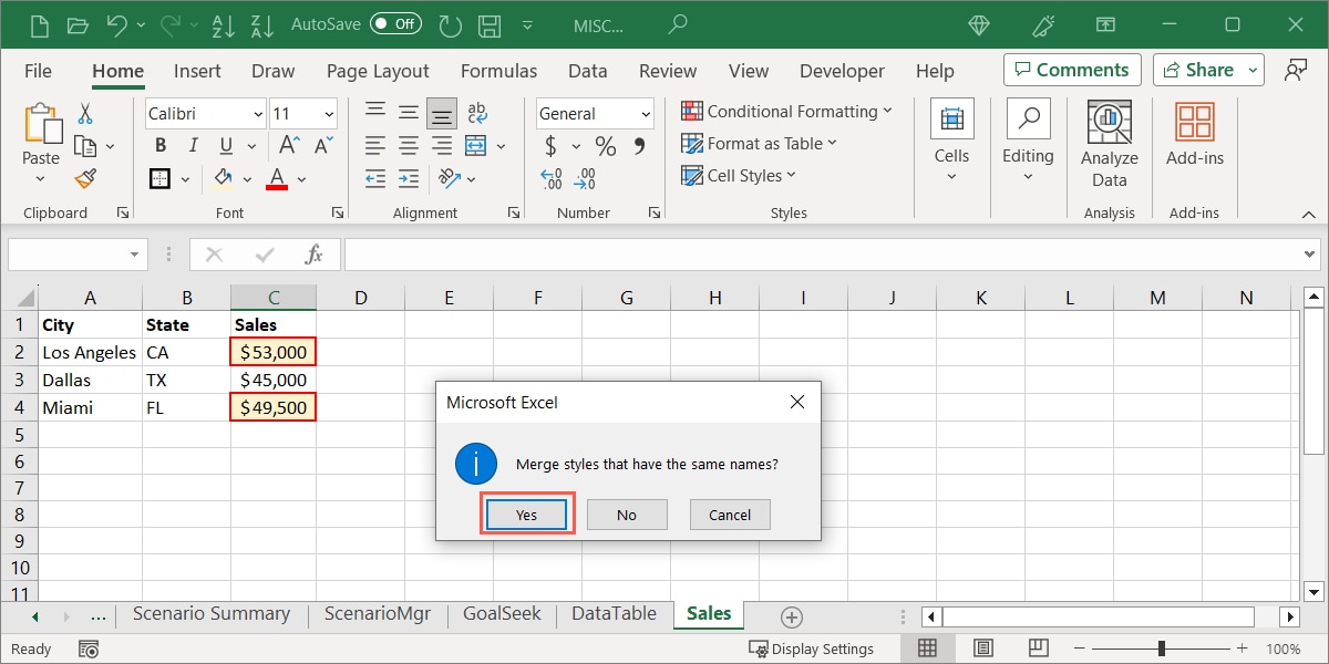 Merge Styles with same names confirmation message