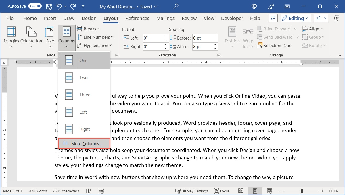 More Columns in the Columns menu