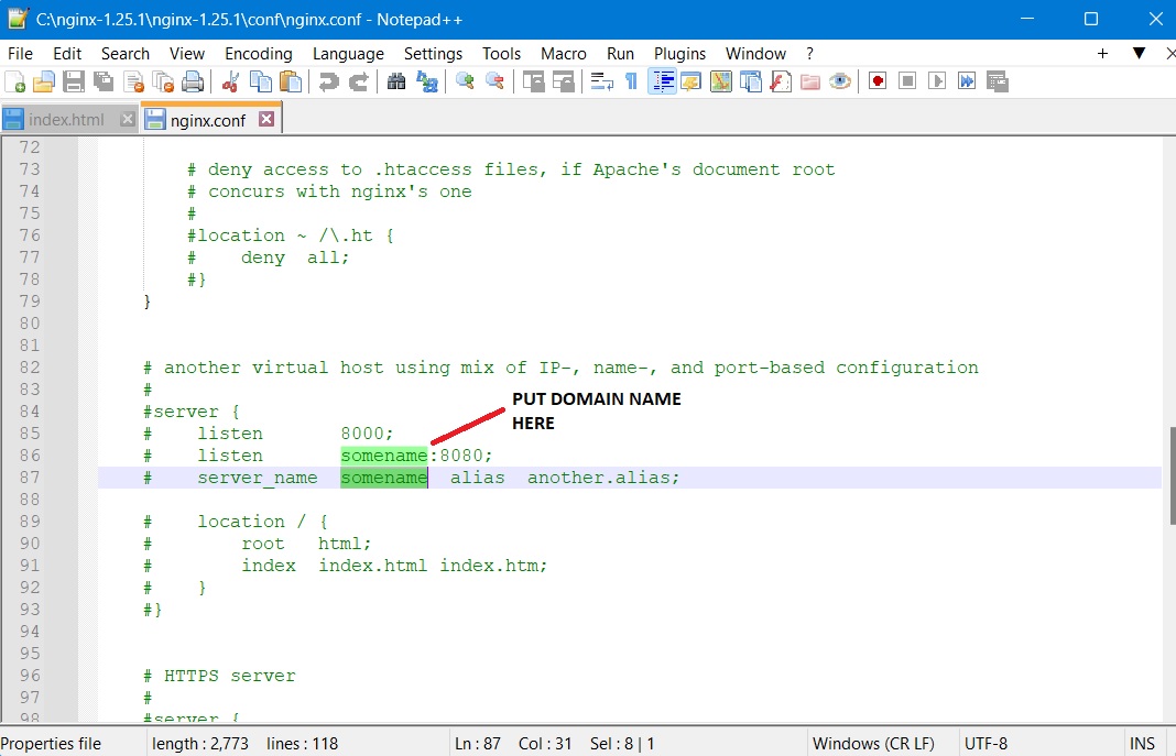 Adding a domain name in Conf file of Nginx.