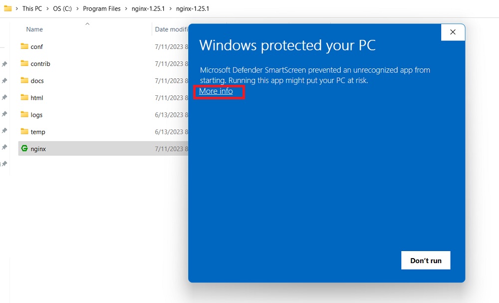 Click "More info" on the SmartScreen blocking Nginx application window. 