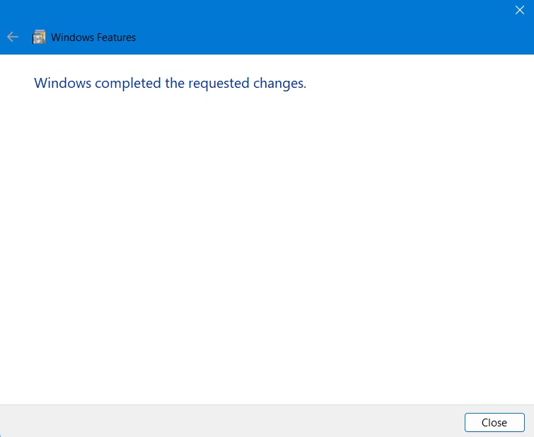 Windows completed the requested changes to turn on the required features with IIS Console. 