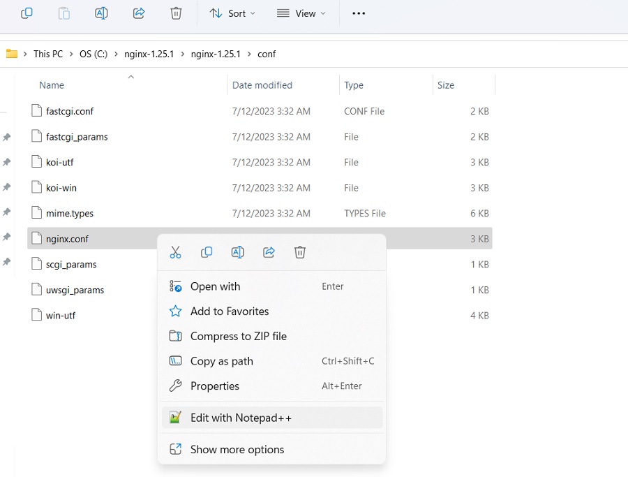 Right click to edit Nginx conf file with Notepad++.