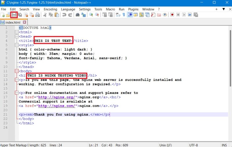 Editing HTML file of Nginx with text changes and saving the file. 