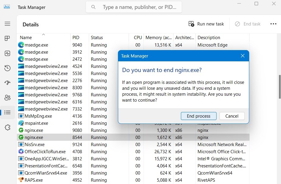 Click "End process" to terminate Nginx.exe from the Task Manager. 
