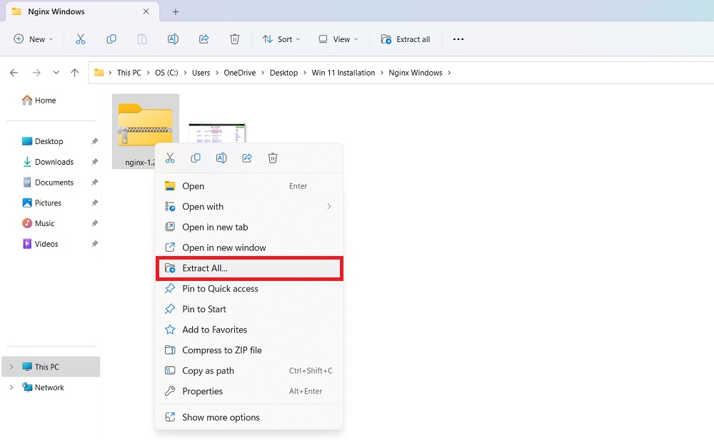 Right-click to extract all files for the downloaded Nginx installer software. 