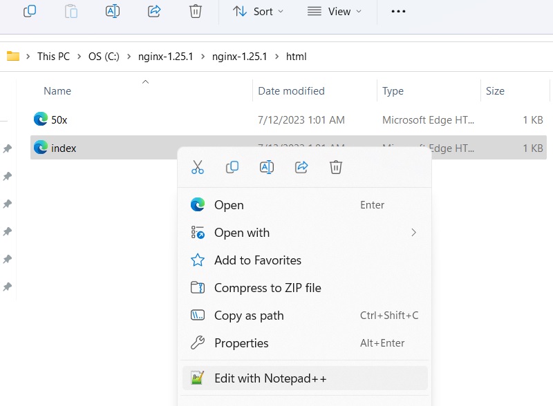 Right click to edit Index HTML file in Nginx folder using Notepad++.