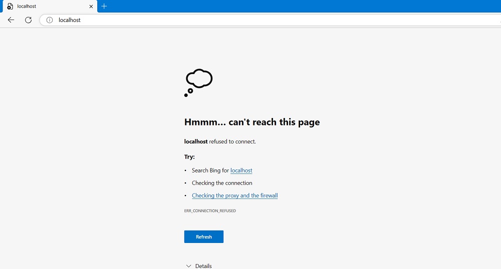 Nginx localhost displaying "Can't reach this page" error on browser. 