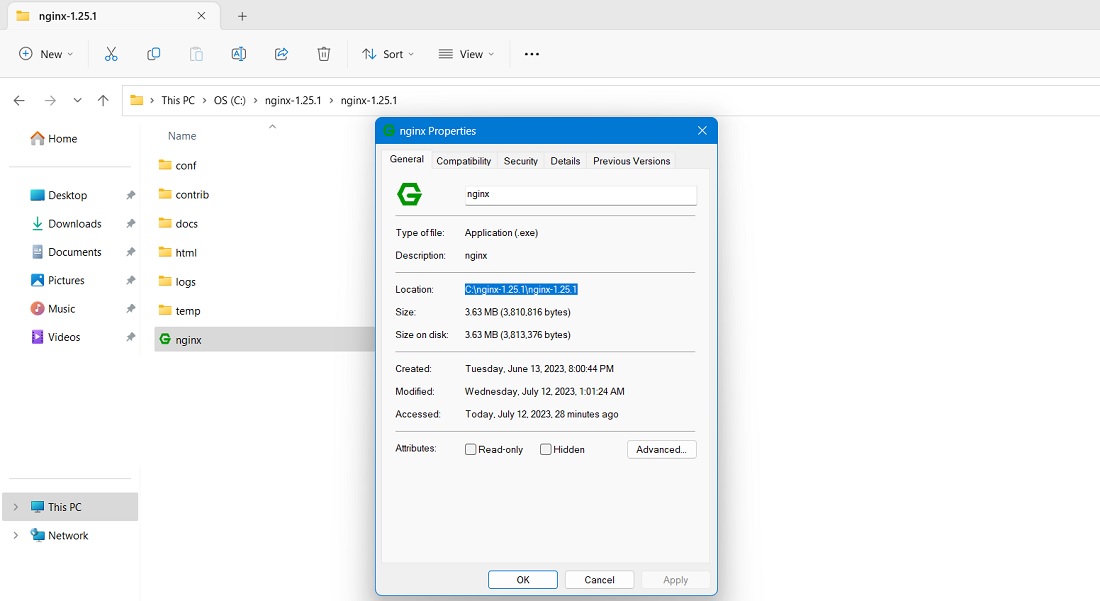 Location path of Nginx application file in installed Nginx folder. 
