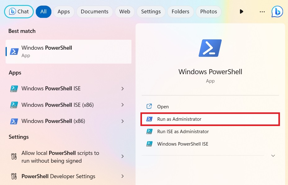 Running PowerShell as administrator. 