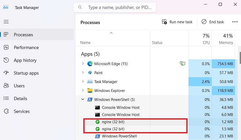 Nginx running as background processes in PowerShell window as seen in Task Manager. 