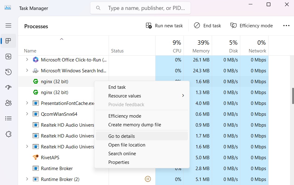 Right click to select "Go to Details" for the Nginx process in Task Manager. 