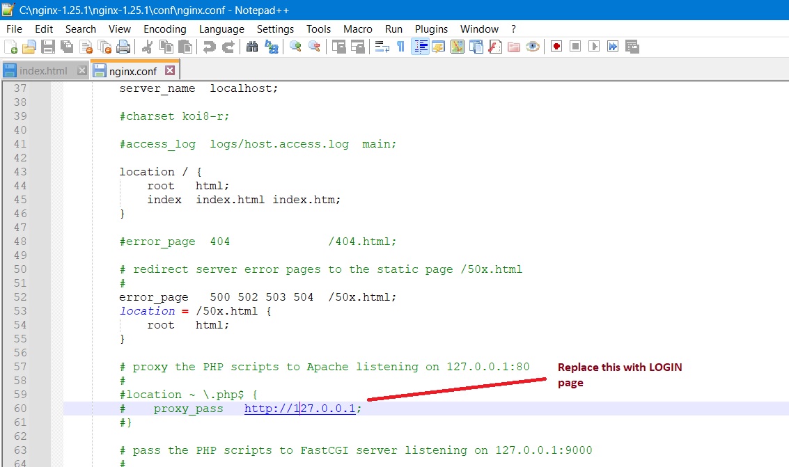 Replace Proxy path with a login page in Nginx Conf file. 