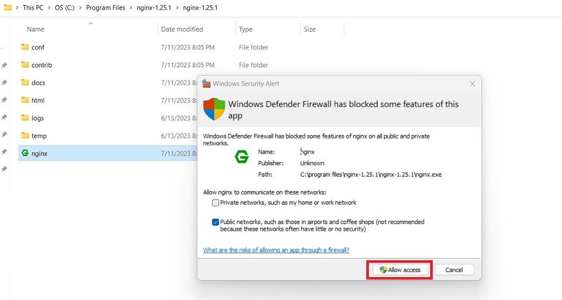 Windows Defender firewall has blocked Nginx application. Click Allow access to run it. 