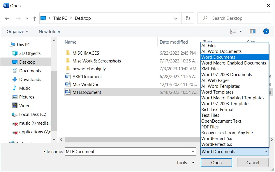 Open File window for Word