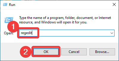 Typing "regedit" in Run window.
