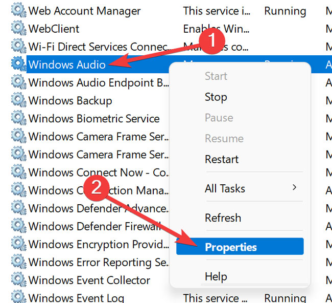 Opening Windows Audio Service properties.