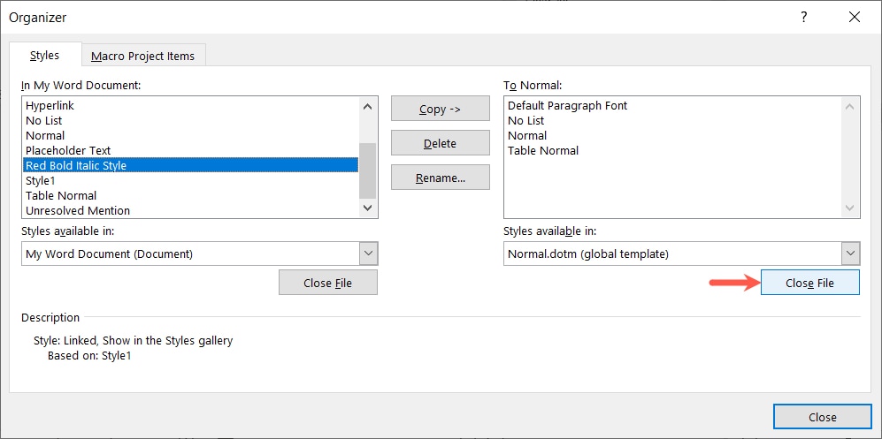 Organizer Close File button