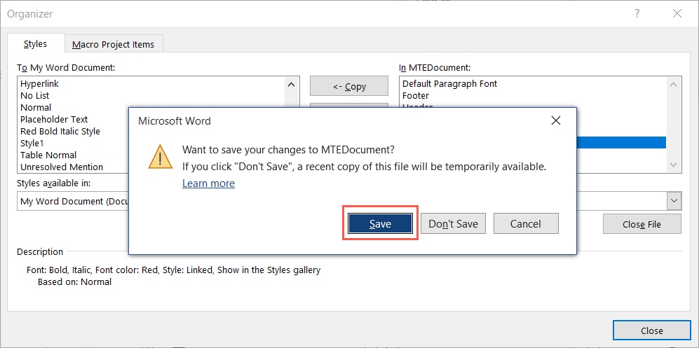 Organizer Save message in Word