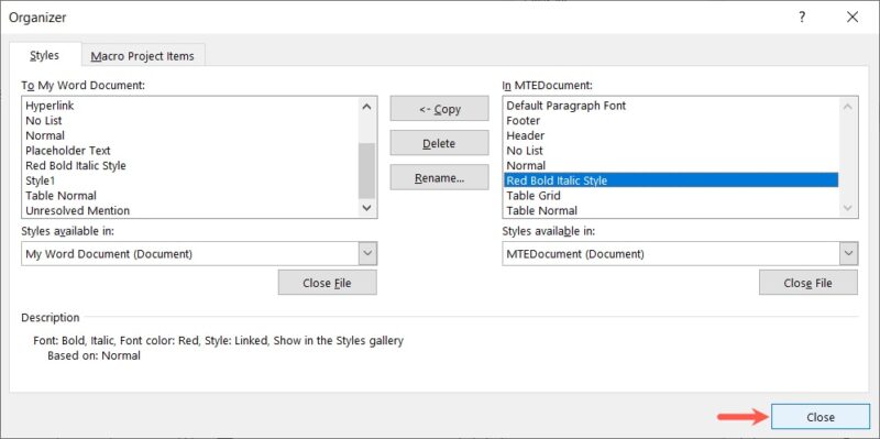 Organizer Close button after style copied