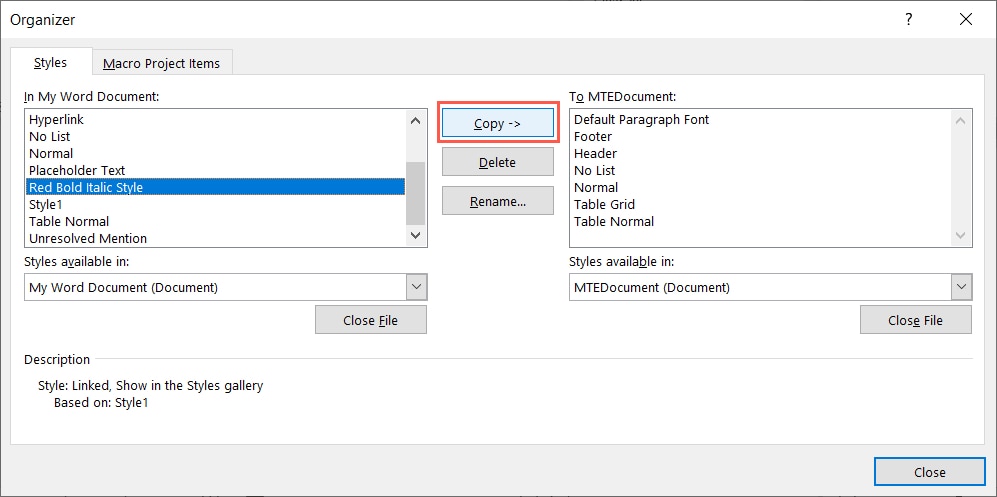 Organizer Copy button
