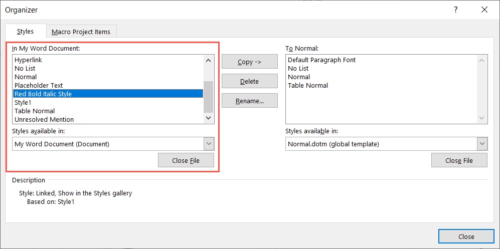 Organizer with the current document on the left