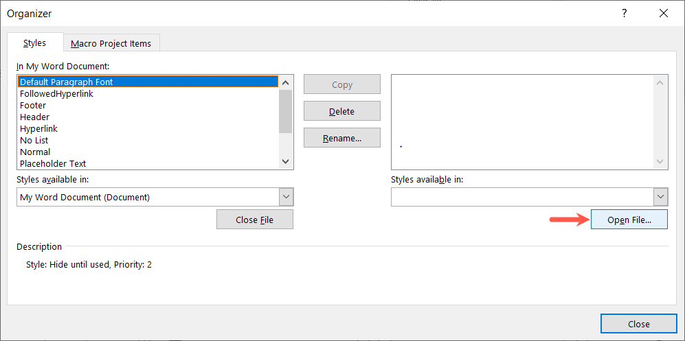 Organizer Open File button