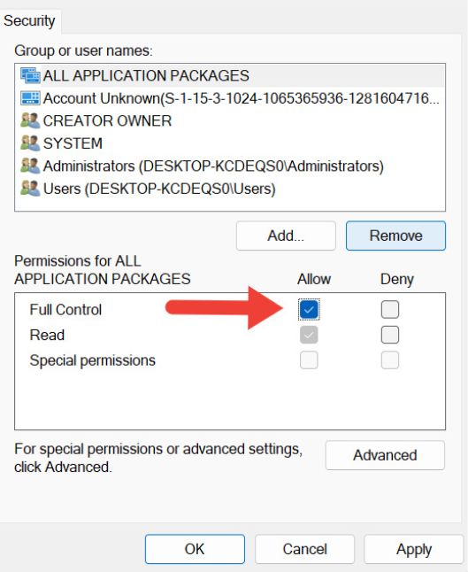 Permissions Security Tab