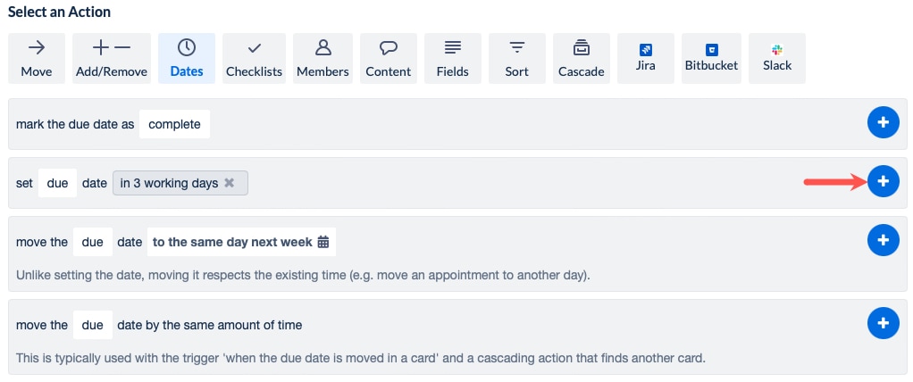 Plus sign for an action