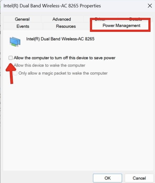 Uncheck the option Allow the computer to turn off this device to save power.