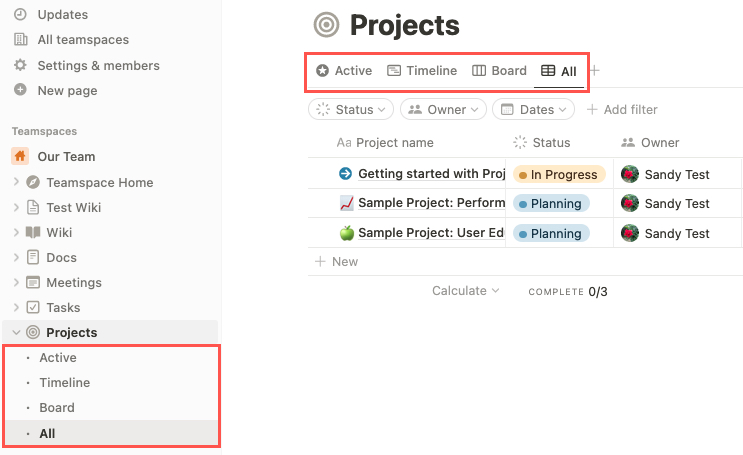 Projects views in Notion