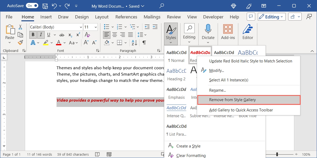 Remove From Style Gallery in the Custom Style menu