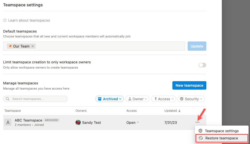 Restore Teamspace in the Teamspace settings