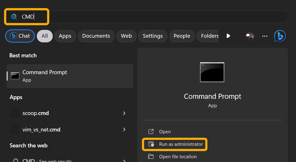 Launching cmd from Windows Search.