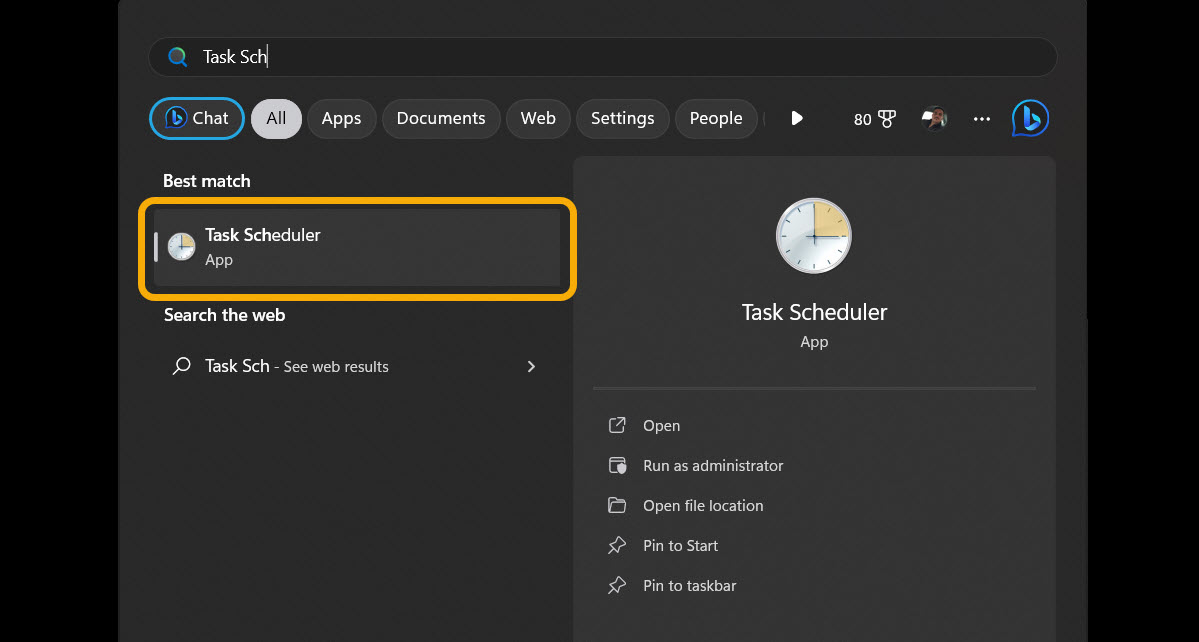 Launching Task Scheduler from Windows Search. 