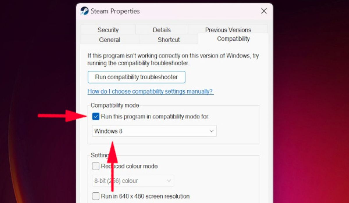 Select "Run this program in compatibility mode" in Steam Properties.