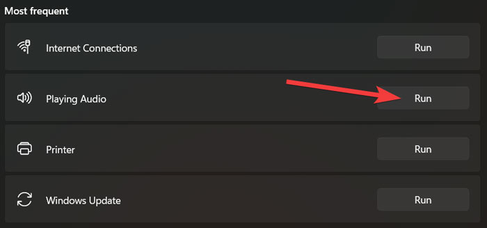 Clicking the "Run" button for Playing Audio troubleshooter.